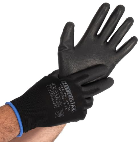FRANZ MENSCH 24 Stück Hygostar Feinstrickhandschuhe Black Ace Touch | PU-Beschichtung, Packung, schwarz, 10/XL, L: 26cm, Feinstrickhandschuhe,Montagehandschuhe, Schutzhandschuhe