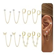 Diamday 4 Paar Ohrringe Gold Silber für Damen Ohrringe Hängend mit Kette | Doppel Piercing Ohrstecker, Hypoallergen Creolen Ohrringe, Piercing Ohr, Ohrringe Set für Mehrere Ohrlöcher, Creolen Gold