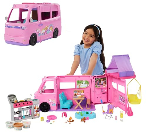 Barbie Dream Camper Playset with Roof Tent, Swing Chair, Fishing Pond, BBQ Grill with Color-Change Feature & 60+ Accessories Including Dough, HRJ78