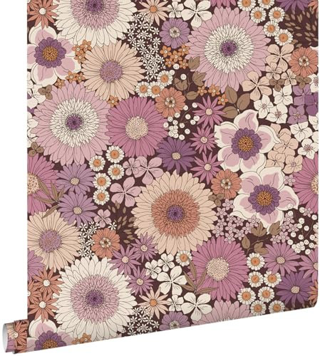 papier peint fleurs rétro mauve violet et rose terracotta 53 cm x 10.05 m - ESTAhome