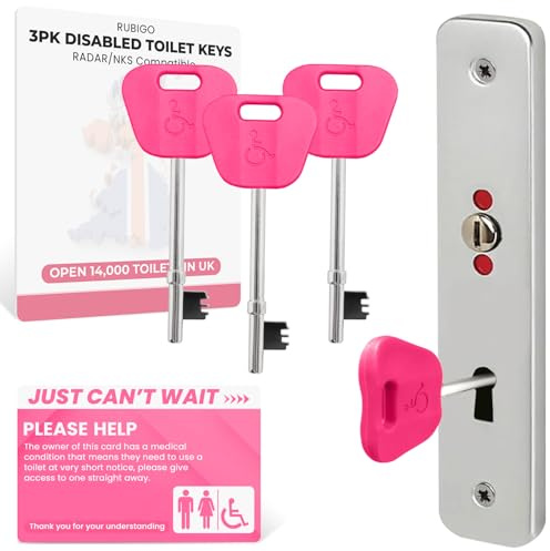 RubiGo Disabled Toilet Keys, Compatible with Radar Key for Disabled Toilets UK, (3 Pack) Universal Access Key for UK Public Disabled Toilets - with 'Just Can't Wait' Card (Pink)