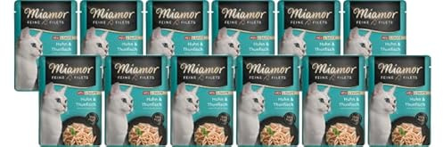 Miamor Feine Filets in Sauce 12 x 100g Huhn & Thunfisch | Getreidefrei, Fettarm, Ohne Zucker & Nebenerzeugnisse, Hochwertige Filetstückchen | im Frischebeutel | Nassfutter für Katzen