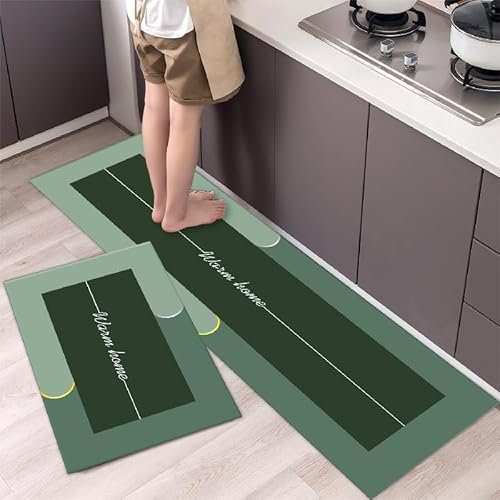 Rutschfestes Küchenmatten-Set, 50 x 80 cm + 50 x 160 cm, Grün, 2-teiliges Fußmatten, ölbeständig, waschbar, Anti-Ermüdungsmatte, wasserdichtes Leder für Stehpult, Küche, Büro
