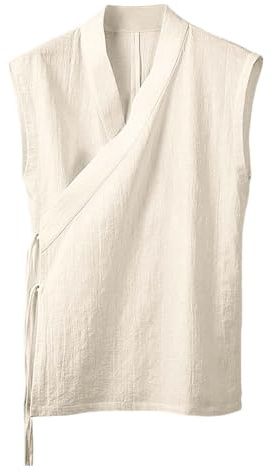 Gilet traditionnel pour homme sans manches kimono japonais à lacets coton lin vêtements chinois Hanfu Tang Costume ouvert Manteau Yukata confortable respirant, kaki, M