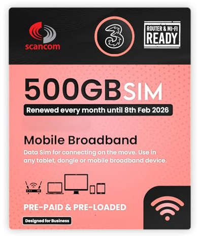 Three 500GB Data SIM - Uncapped 5G - Preloaded MONTHLY Until February 2026 - Plug & Play for Routers & Phones - Access to Three & Vodafone - Connects to the Strongest Signal available