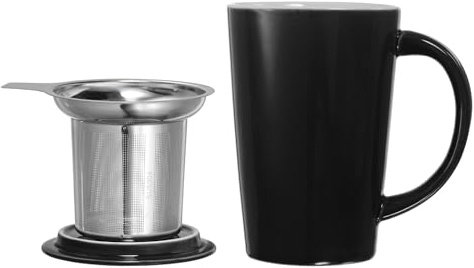 sourcing map Tazas de té de porcelana de 16.9 onzas con infusor y tapa, taza de té de cerámica de hojas sueltas, taza de café para leche, cacao, oficina, hogar, amantes del café, regalos, color negro
