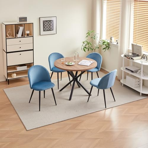 GrandCA HOME Conjunto de Mesa y Sillas de Comedor, Mesa Redonda de 100 cm y 4 Sillas de Terciopelo Nórdico, Ideal para Salón, Comedor y Cocina (Madera Oscura + Azul)