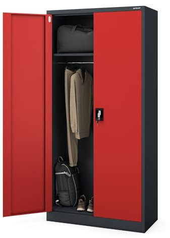 Jan Nowak Armoire de Bureau C34 Métallique à Dossiers à Outils Revêtement par Poudre Métal Verrouillable 185 cm x 90 cm x 45 cm (Anthracite-Rouge)