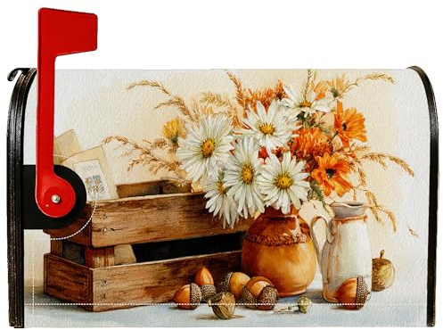 Coperture magnetiche per cassette postali con fiori, vaso rustico in legno arancione autunnale, decorazioni per la porta d'ingresso, 45,7 x 53,7 cm