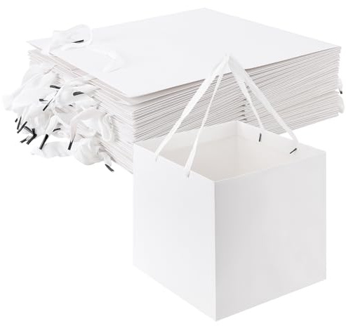 FUNSUEI 16 Stück Weiß Papiertüten mit Griffen, 30 x 30 x 30cm Papiertüten Quadratischer Boden, Quadratische Geschenktüte für Geschenke, Shopping, Partys