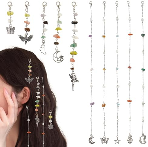 NICENEEDED 10 Stück Quasten-Haarketten, funkelnde Fransen-Haarschmuck mit Schmetterling, Sonne & Mond, Anhänger aus Naturstein für langes & kurzes Haar, Damen Haaraccessoires
