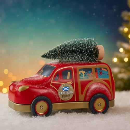 Christmas Car with Tree Biscuit Tin – Festive Christmas Shortbread Biscuits in Collectible Red Car Tin – Stocking Filler & Seasonal Snack – 50g
