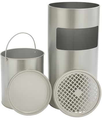 VIALIA Standaschenbecher Edelstahl 2-in-1 Mülleimer mit Aschenbecher | für draußen, 60 x 25 cm Silber, Herausnehmbarer Inneneimer & Gitteraufsatz, Wetterfester Standascher für Terrasse & Büro