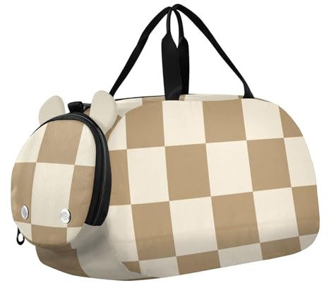 Tanztasche, Sporttasche für Mädchen, Jungen, Kaffeebraun / Creme, Kinder-Sporttasche, Schachbrett, Reisetasche, mit Namen, Wochenendtasche