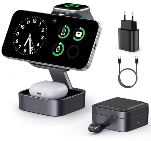 Estación de Carga 3 en 1 para Apple, Cargador de Viaje rápido Plegable magnético Compatible con mag-Safe para iPhone 17e/17/16/15/14/13/12/Air Series, Apple Watch & AirPods Pro/4/3/2