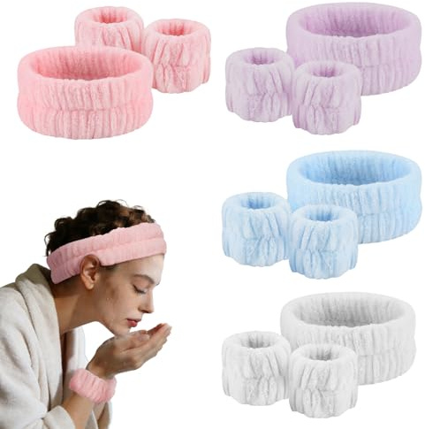 msymsyu 12 st hårband, Skincare 4 färger, elastiskt hårband, sminkning, flicka, Skincare handledsband, set, en uppsättning per färg, damer, hårbandskotik för dusch, ansiktsrengöring, yoga (vit, rosa