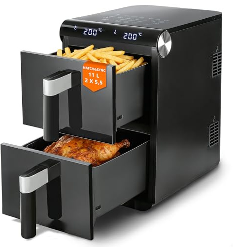 Citybee 11L XXL Heißluftfritteuse 2 Kammern, Dual-Zone Doppelkammer Turm-Airfryer mit SYNC/MATCH, 2800W Touch, 13 Programme, 50–200°C, Timer 1–60 Min, spülmaschinenfeste Antihaft-Körbe, Schwarz