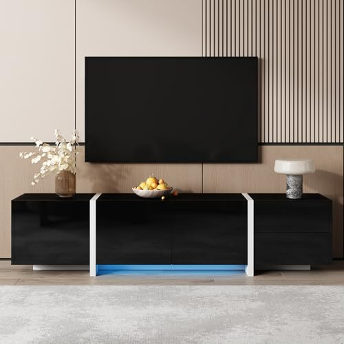 QXJVA Mueble de TV negro brillante de 170 cm, con patas blancas e iluminación LED, moderno aparador para televisores de hasta 75 pulgadas, mueble de TV con cajones y puertas