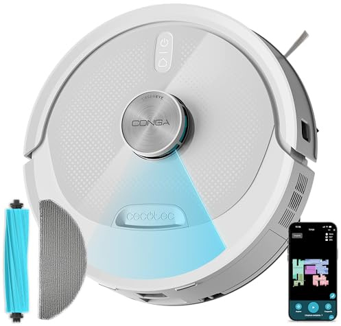 Cecotec Robot Aspirador y Friegasuelos con IA Conga M90 Pearl. Navegación Láser, Succión del Motor 25000Pa, Autonomía 240mins, Cepillo Silicona, para Mascotas, Bluetooth y WiFi, Control App