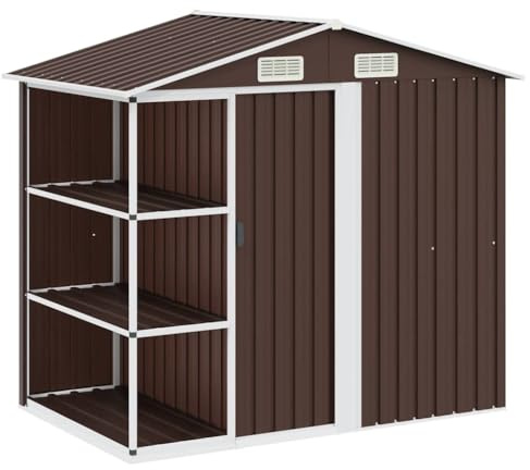 Teenpull Casetta da giardino con scaffale, marrone in ferro zincato, 205 x 130 x 183 cm, con porta scorrevole, spaziosa e resistente alle intemperie, per giardino, terrazza, esterno