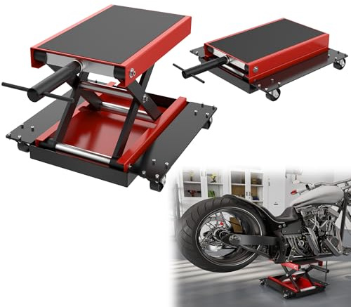 YEATHOR Motorcycle Lift Jack, Height Adjustable 125-375 mm with Wide Deck and Dolly, 500 kg Capacity, Heavy Duty Steel Motorcycle Lift Jack for Garage Repair