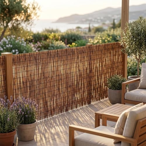 Valla de Caña Natural Auténtica Malla de Ocultación para Jardín Rollo de Cañizo Pantalla Protector Visual Exterior para Terraza Resistente a la Intemperie y Sombra Transpirable(Carbonizado,50x350cm)