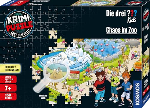 KOSMOS Die drei ??? Kids Krimi Puzzle Chaos im Zoo, 150 Teile | Für Kinder ab 7 Jahre, Leuchtet im Dunkeln, Lesen, Puzzeln, Rätsel lösen, Detektiv, Zoo, Die drei Fragezeichen Kids