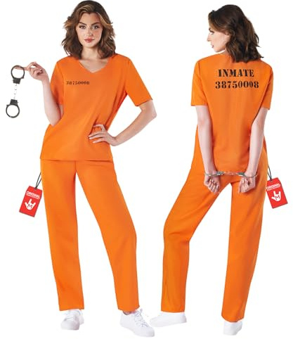 Fun Shack Sträfling Kostüm Damen, Gefängnis Halloween Kostüm Damen, S | Oberteil, Hose & Handschellen, Orangefarbenes Häftling-Design, Zum Überziehen, Perfekt für Halloween, Ideal zum Verkleiden