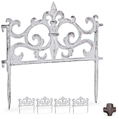 Relaxdays 5 x Beetzaun Element, Gusseisen, Vintage Design, erweiterbar, Erdspieß, dekorativer Steckzaun, HxB 27x27 cm, weiß