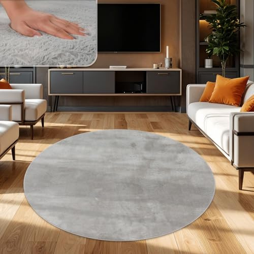 TT Home Wohnzimmer Teppich Hochflor Langflor Kunstfell Weich Modern Unifarben Flauschig, Farbe: Grau, Größe:100 cm Rund