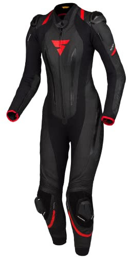 SHIMA MIURA RS Motorradkombi Damen - Leder 1teilig, Sport, Rennanzug, Belüftet mit Schulter- & Knieschiebern, Rücken-, Schulter-, Ellbogenpanzer, verstärkte Doppelnähte (Schwarz/Rot, 32)