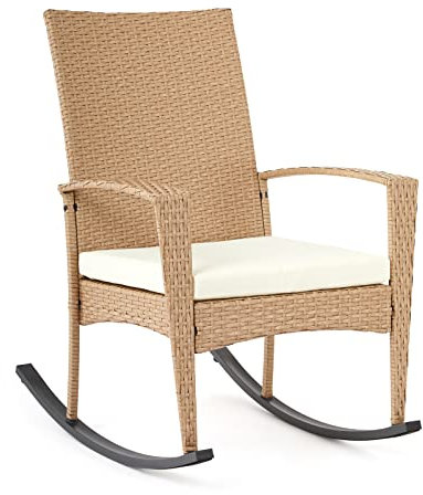 Mondeer Garten Schaukelstuhl, Outdoor GartenStuhl Schwingsessel mit Kissen Abnehmbares und Armlehnen, Polyrattan, für Garten Balkon Terrasse, Beige, 57 x 85 x 96 cm