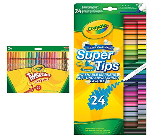 CRAYOLA Twistables Crayons, Pack of 24 & SuperTips Washable Felt Tip Colouring Pens, 24 Count (Pack of 1)