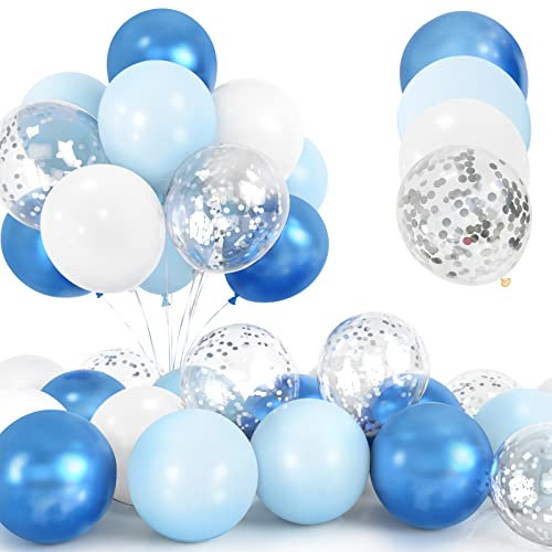 30Pcs Palloncini Blu, 12 Pollici Metallizzato Azzurri Argento Confetti Palloncini, Lattice azzurri e bianchi Palloncini per Compleanno Matrimonio Anniversario Bambini Baby Shower Feste Decorazioni