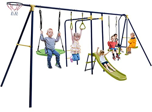 GLACER 7-in-1 Kids Swing Set w/ 2 Swings, Slide, Fun Glider, Gym Rings, Monkey Bars, Basketball Hoop, 660 LBS Swing Set for Kids, Heavy Duty Play Set for Backyard, Garden, Park