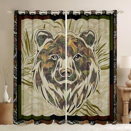 Rustic Bear Curtains 52Wx96L Hunting Camo Curtains & Drapes ,Camouflage Woodland Animal Window Curtains For Farmhouse Cabin Lodge Bedroom,Nature Conifer Oak Branches Window Treatments 2 Panels