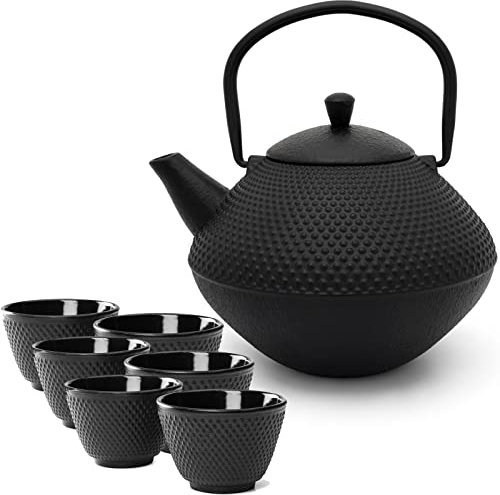 Bredemeijer Teekanne Set Gusseisen 1.0 Liter - mit Edelstahl Tee-Filter Sieb-Einsatz - 6 Teebecher (Tassen) - traditionelles 7-teiliges Teeset für losen Tee