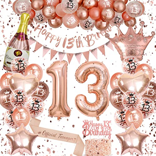 13 Geburtstagsdeko Mädchen, Luftballons Geburtstag 13, Geburtstagsdeko mädchen, Rosegold Deko Set Enthalten 13 Mit Happy Birthday Banner Rosegold Ballons 13.Geburtstag Schärpe Für Party Deko