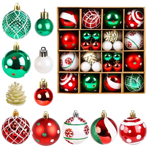 JOFONY Weihnachtsbaumkugeln,42 Stück Weihnachtskugeln Set,Rot und Grün Christbaumkugeln Weihnachtsbaumschmuck Weihnachtskugeln Ball und Tannenzapfen Baumkugeln für Indoor Outdoor Weihnachtsbaum Deko