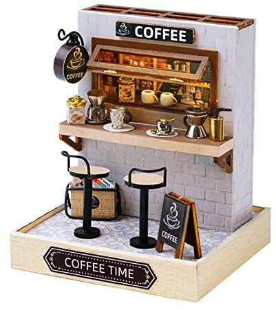 Casa de muñecas en miniatura con cubierta antipolvo, muebles de madera, kit de casa de muñecas con luz LED, habitación creativa, regalo de cumpleaños para niños adolescentes (cafetería)