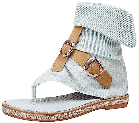 rismart Femme Cheville Haute Denim Gladiateur Sandale Bouton d'orteil Talon bas Chaussures d'été Beige,39