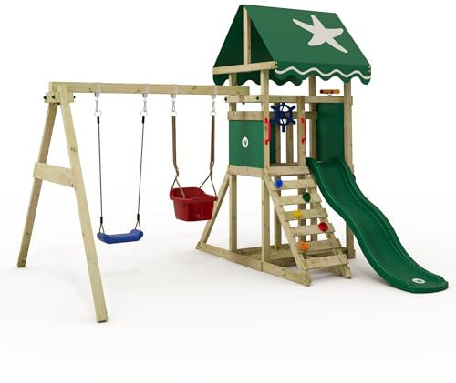 Wickey Spielturm Klettergerüst DinkyStar, Schaukel & grüner Rutsche, Outdoor Kleinkinder Kletterturm mit Sandkasten, Leiter & Spiel-Zubehör für den Garten
