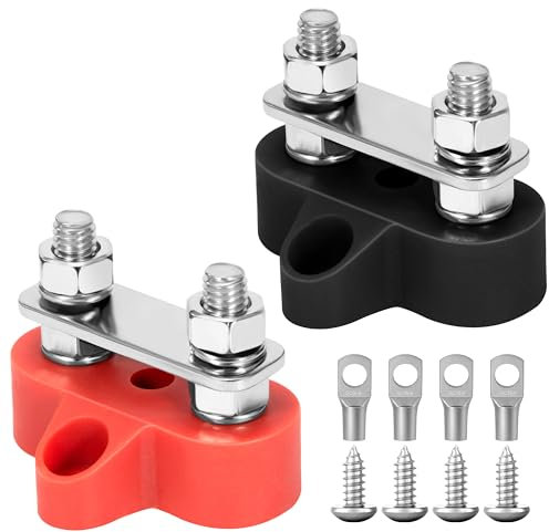QIMEI-SHOP Morsettiera di Distribuzione dell'alimentazione della Batteria M6 Morsettiera Batteria Bus Bar Doppio Perno 12V-48V per Auto Camion Camper Barca Rosso e Nero 2 Pezzi