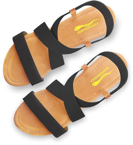 DAYDAYGO Women's Flat Sandals Elastic Sandals for Women Dressy Summer Comfortable Casual Cute Strappy Beach Wedding Flat Sandals Black Flat Sandals for Women Size 12