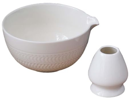 F Fityle Bol Matcha traditionnel 2 pièces, bol à thé avec support de fouet pour cadeau de bureau, blanc