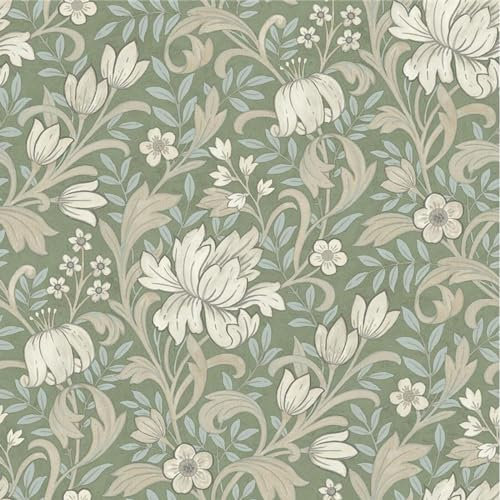 SOPHIE LAURENCE Sage Green Floral Wallpaper Light Blue Leafs Beige Flowers Smooth Matte Thick Wallpaper for Feature Wall Living Room Bedroom (Sample)