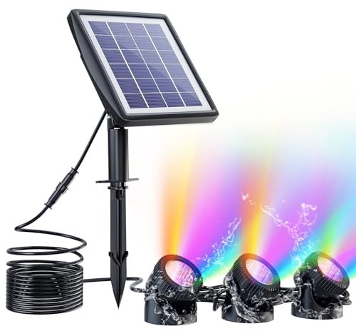 PChero RGB Solar Pond Lights, 3pcs IP68 LED Underwater Spot Lights for Garden Pool Pond Fountain Waterfall Outdoor Decorations