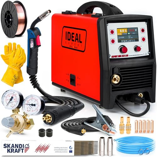 Ideal Expert MIG 215 LCD - Soldador Inverter Profesional 200A - MIG/MAG, MMA, TIG Lift - Sinergia - Soldadura por Puntos, Regulación de Inductividad - Antorcha Binzel MB15 - Set Basic