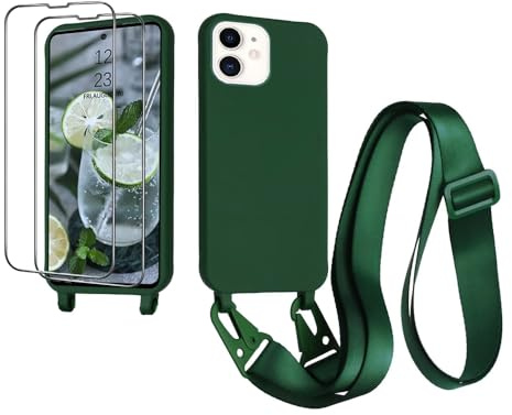CaseLover Handyband kompatibel mit iPhone 11 Hülle mit Band, Dunkelgrün | mit 2 Stück Schutzfolie, Flüssiges Silikon Necklace Handyhülle, Verstellbarer zum Umhängen Kordel, Stossfest Schutzhülle