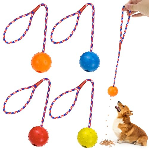 GMMG 4 Stück Hundespielzeug Ball mit Seil Hundeball Wurfball Hund Hunde Bälle mit Schnur Dog Toys Ball mit Schnur Hund